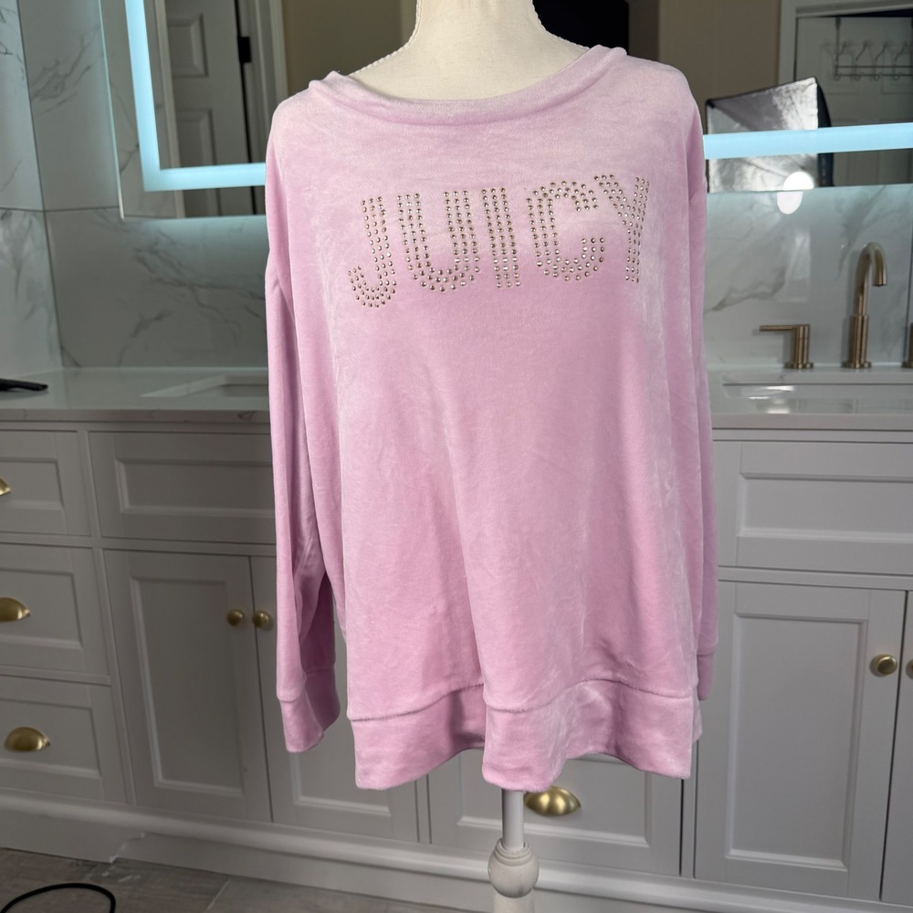 Juicy Couture Velour Sweatshirt Womens 1X Pink Rhinestone Logo Top - Picture 10 of 16